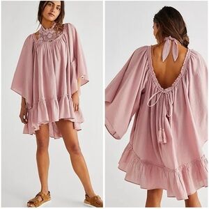 Free People Pink Giving Us Sass Crochet Neck‎ Flutter Tunic Mini Dress Sz M